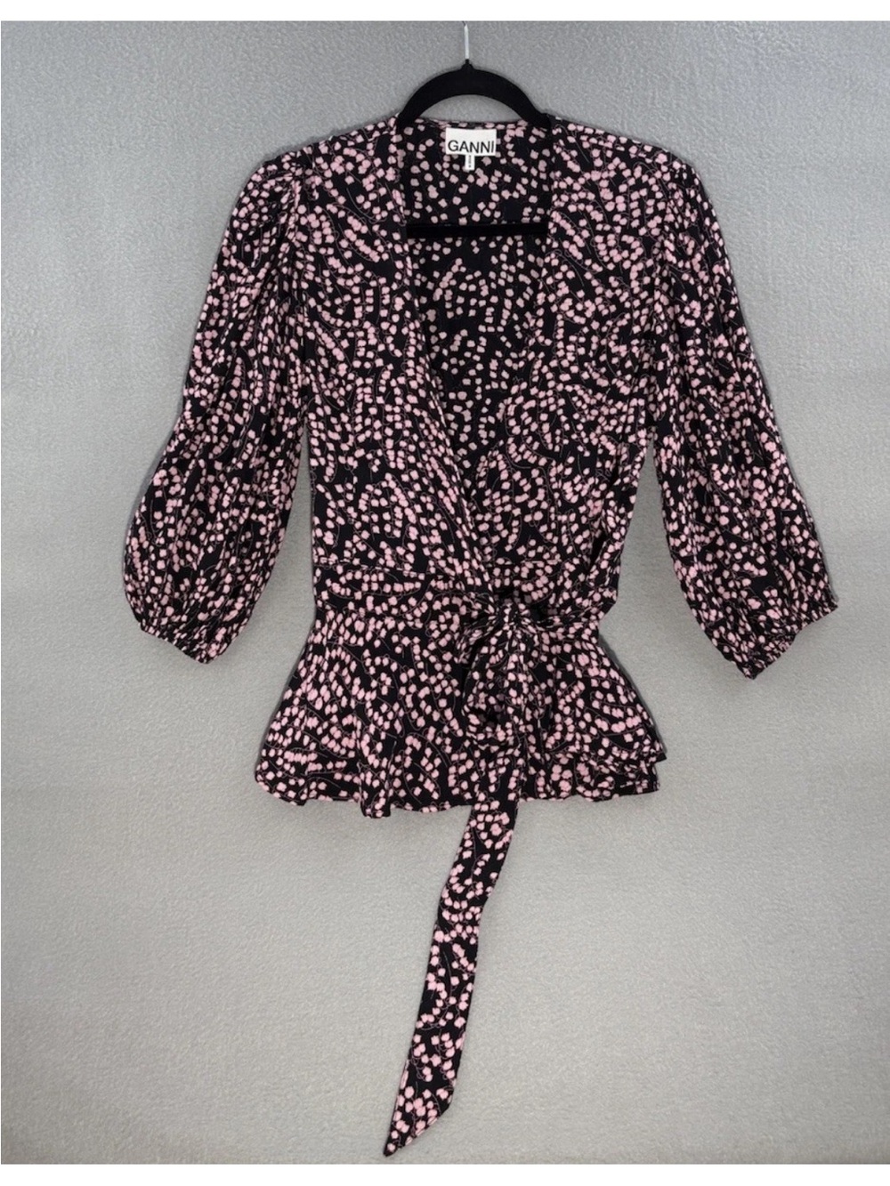 GANNI Floral Flounce Wrap Blouse Sz 38 Small Black Pink V-Neck 3/4 Sleeve